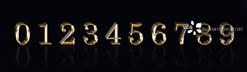 金色的3d数字0,1,2,3,4,5,6,7,8,9在一个黑色的背景图片素材