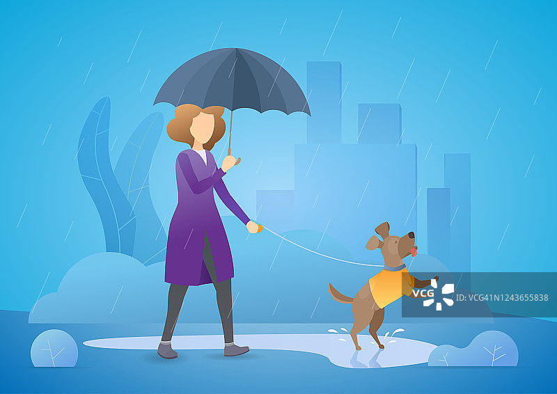 快乐的女孩带着伞遛狗，享受下雨天。在水坑上用皮带牵着跳跃的宠物。图片素材
