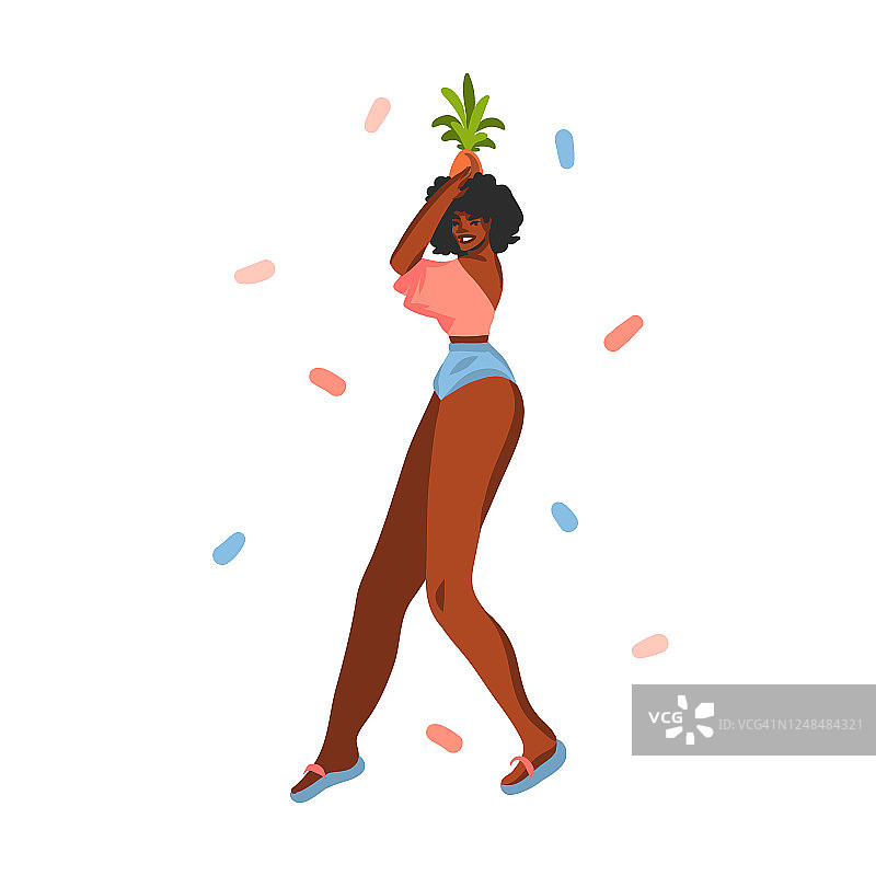 手绘向量抽象股票图形插图与年轻快乐的黑人美国黑人美女女性，和菠萝水果在他的头孤立在白色的背景图片素材