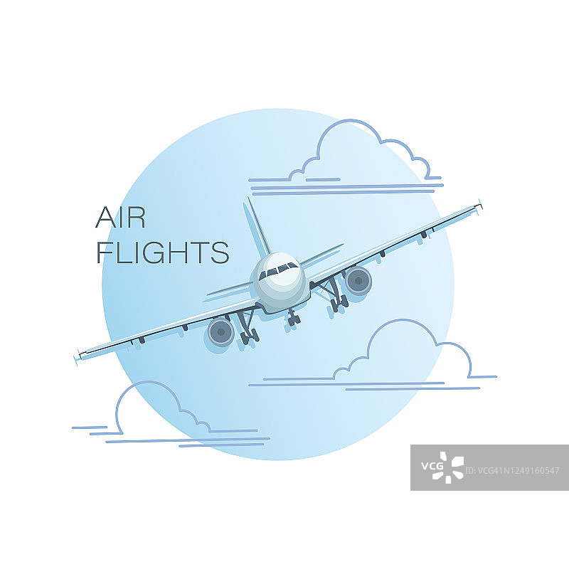 飞机模型。象征,标志。一架飞机的矢量平面插图，一架飞机在云飞行的观点图片素材