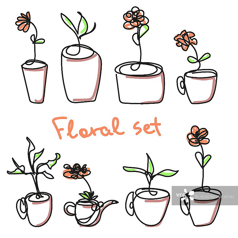一组八个向量花在一个盆。植物被画在一条线。黑白孤立画上有彩色小点的花、叶。花,茶壶,幼苗。矢量图图片素材