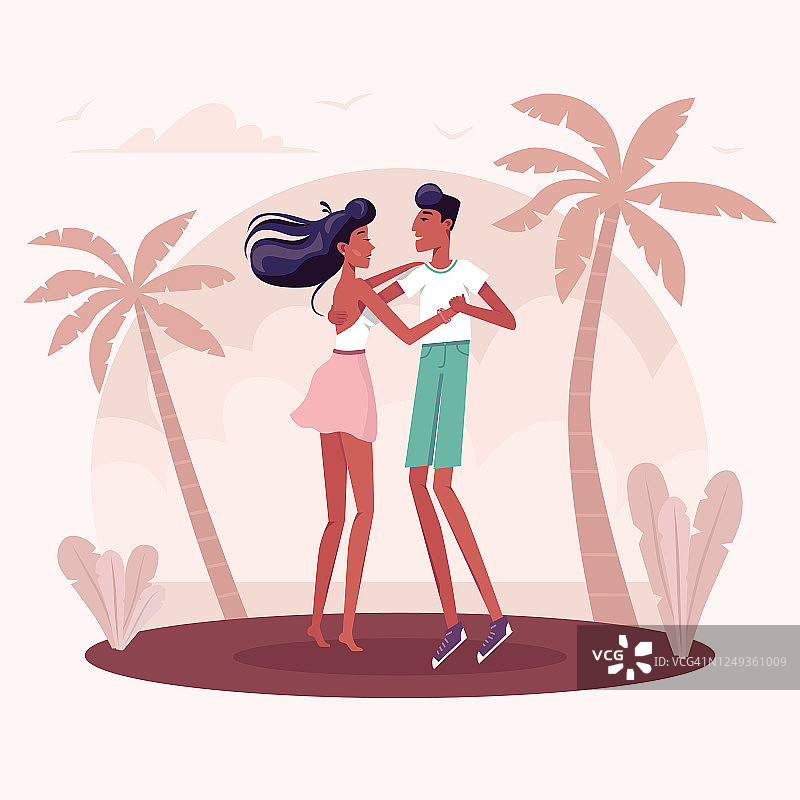 人们跳舞萨尔萨，kizomba，拉丁，巴塔塔，加勒比，性感的情侣交际舞在海滩上。一个快乐的男人和一个女人拥抱着，看着对方的眼睛图片素材