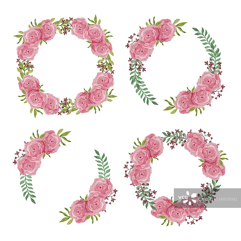 粉红玫瑰水彩花圆框图片素材