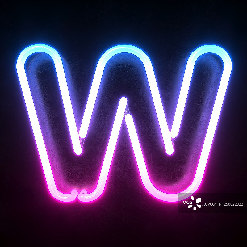 霓虹灯3d字体，蓝色和粉色霓虹灯3d渲染，字母W图片素材