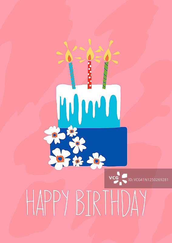 蓝色生日蛋糕与白色的花和蜡烛在粉红色的背景向量图片素材