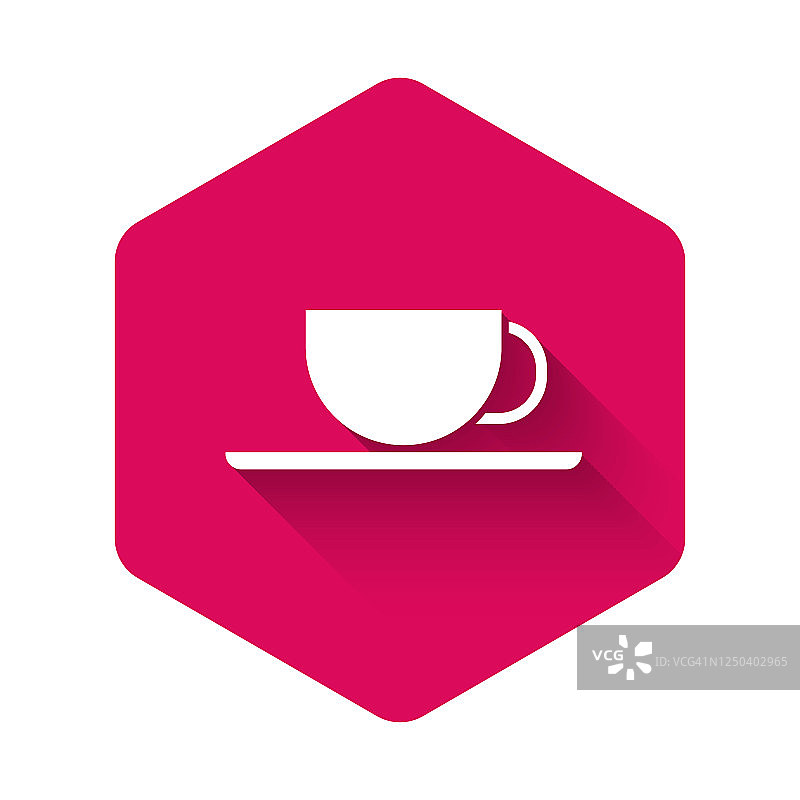 白色咖啡杯图标孤立与长影子。茶杯。热喝咖啡。粉红色的六角按钮。矢量图图片素材