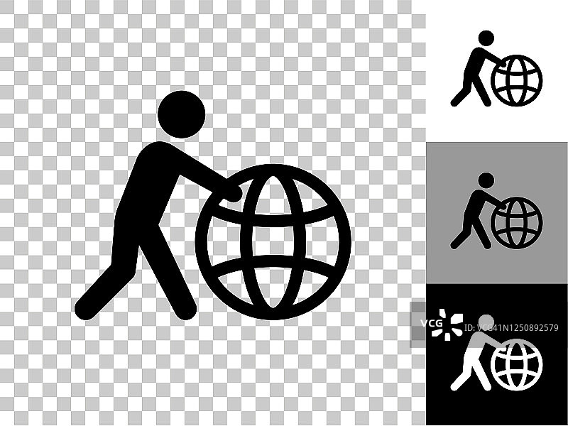 Stick Figure push Globe Icon on Checkerboard透明背景图片素材