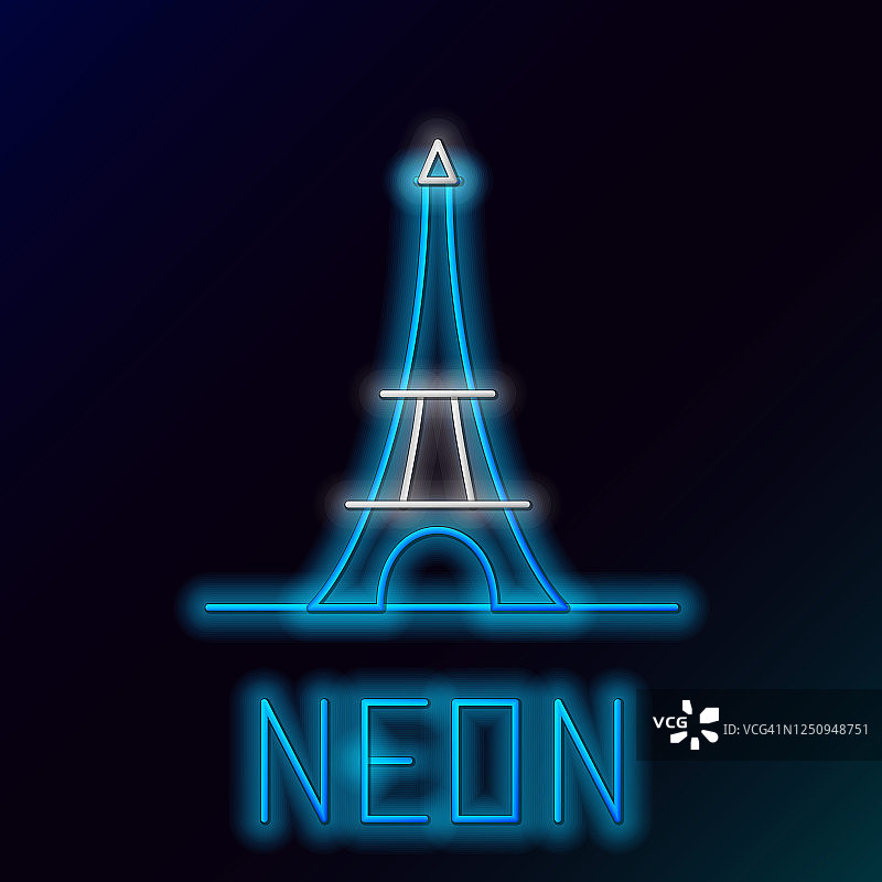 蓝色发光的霓虹灯线埃菲尔铁塔图标孤立在黑色的背景。法国巴黎的标志性标志。色彩斑斓的轮廓的概念。矢量图图片素材