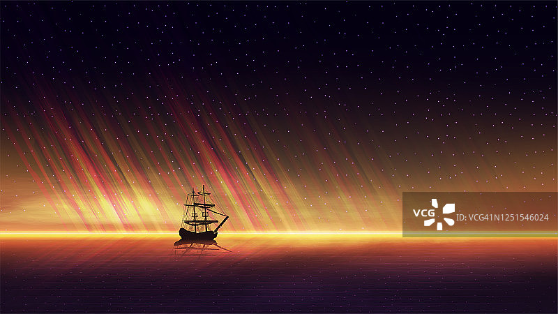 傍晚的海景与一个美丽的橙色日落在海上地平线，星空和一艘船在地平线上图片素材