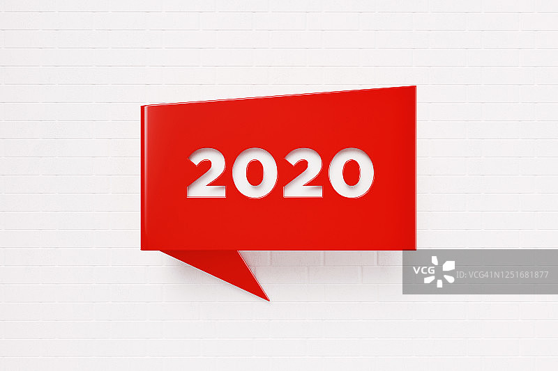 2020年写的红色聊天泡泡在白色砖墙的背景图片素材