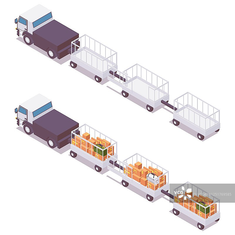 等距设置机场行李手推车与汽车行李包裹，货物，行李到飞机。图片素材