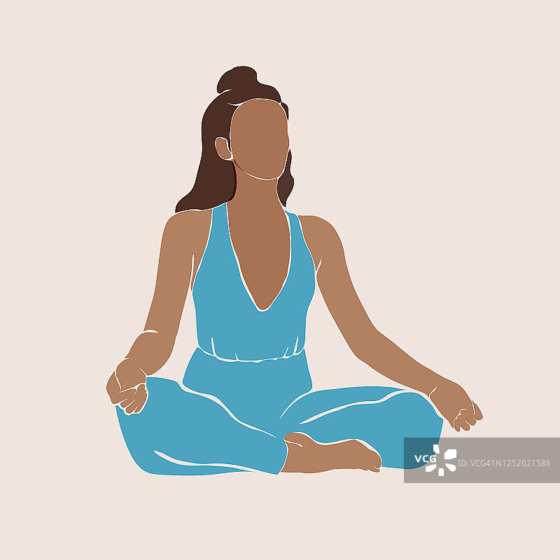 一个年轻女子在做瑜伽，莲花的姿势坐着，沉思。健康矢量图图片素材
