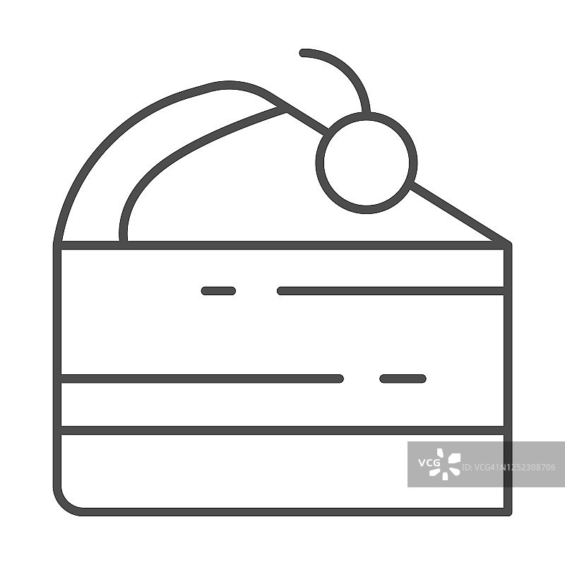蛋糕片细线图标，街头食品概念，一块派与樱桃标志在白色背景，一块蛋糕与樱桃图标轮廓风格的移动概念和web。矢量图形。图片素材