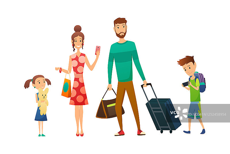 全家带着行李和行李箱一起旅行。家庭旅行。父亲母亲，儿子和女儿在机场。家庭度假图片素材