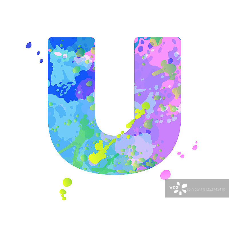 用蓝色、绿色、粉色颜料的液体点效果加粗字母U图片素材