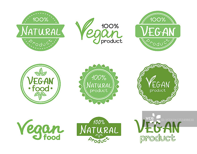 一套标志，标志，自然和素食产品的图标。手刻字图片素材