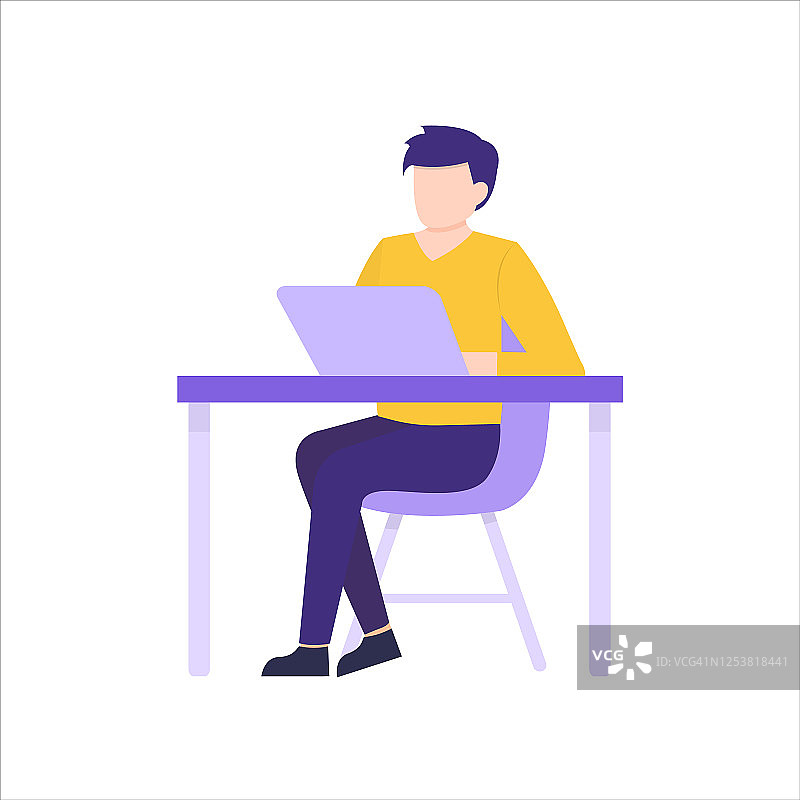 在一间办公室里工作，一个男人在一张桌子前工作，在电脑前工作。矢量插图孤立在白色背景图片素材