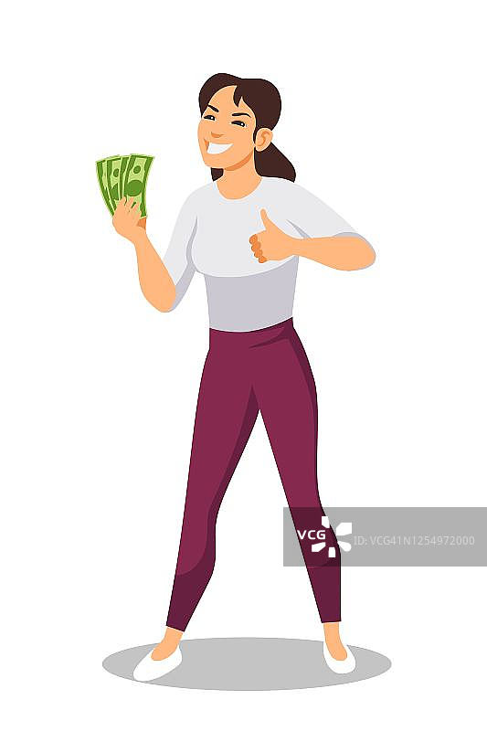 微笑的女人拿着现金，竖起大拇指图片素材