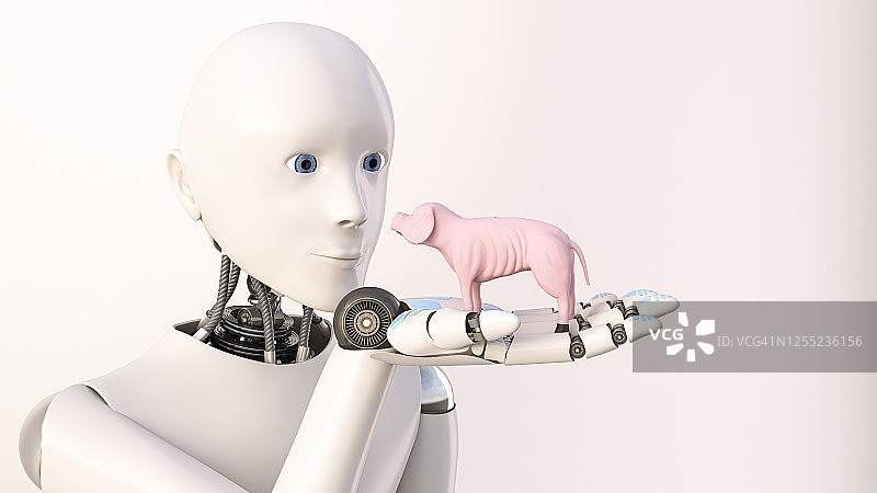 三维渲染的机器人抱着瘦骨嶙峋的营养不良的存钱罐图片素材