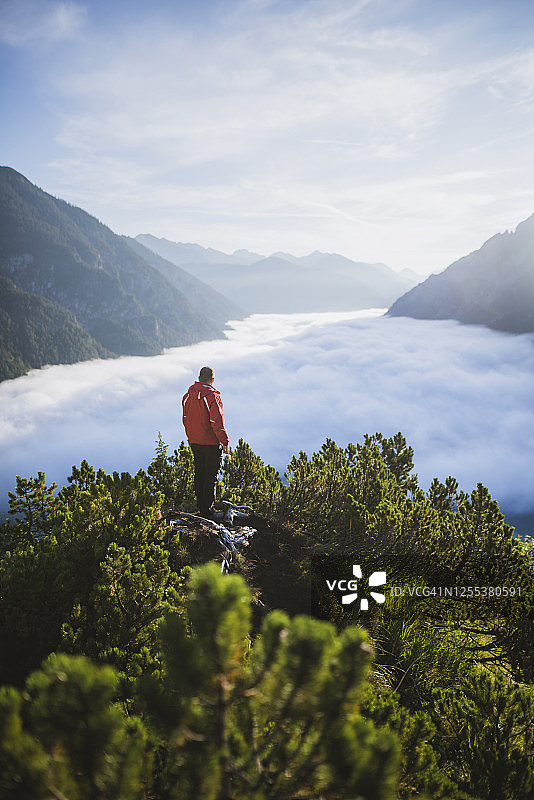 奥地利，Plansee，一个人站在树上，在奥地利阿尔卑斯山的山谷中图片素材