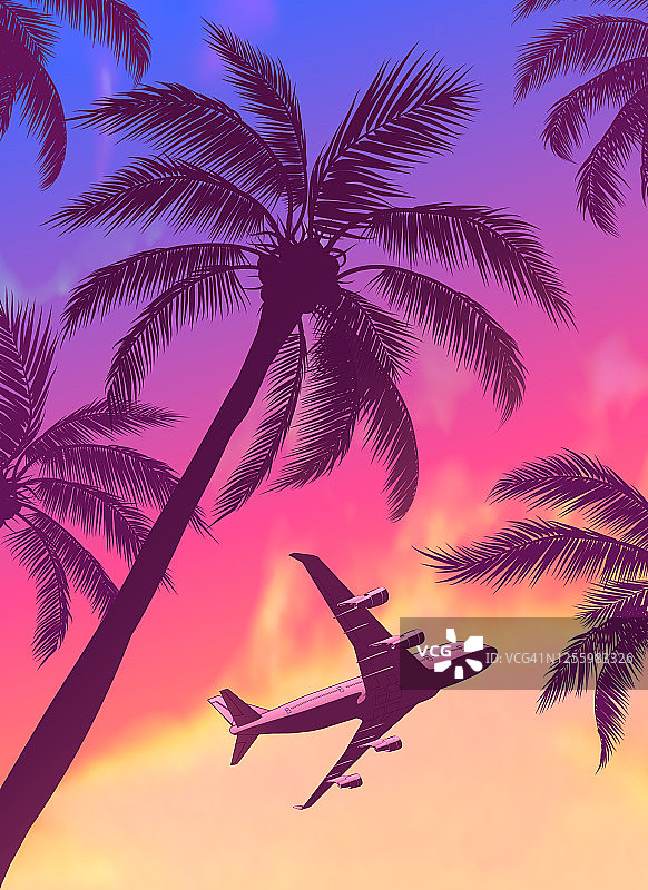客机上棕榈树与美丽的蓝粉橙日落图片素材