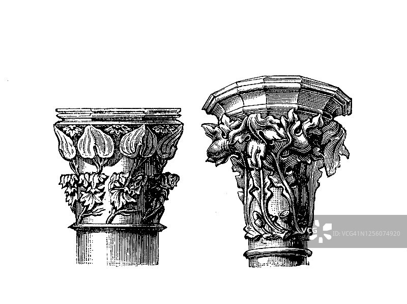 哥特建筑风格的古老雕刻插图图片素材