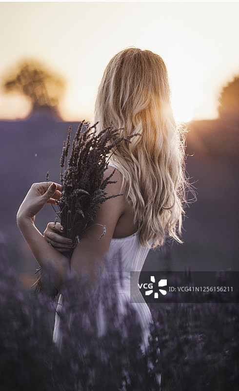 年轻女子享受薰衣草田日落在普罗旺斯，法国图片素材