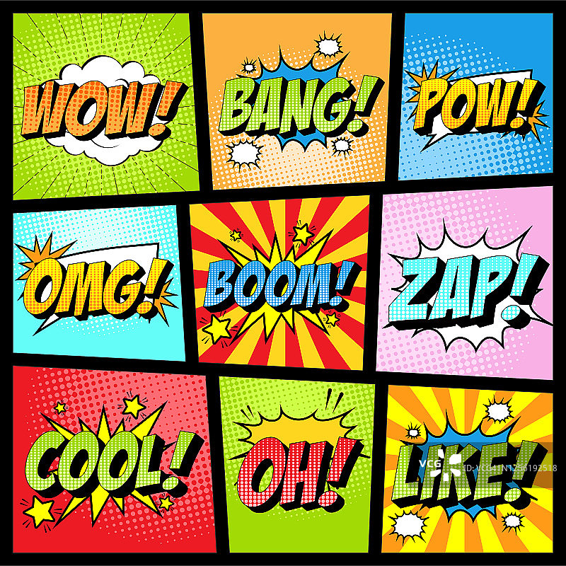 色彩缤纷的漫画图标在波普艺术风格。哇，砰，砰，Omg, Boom, Zap，酷，哦，就像。图片素材