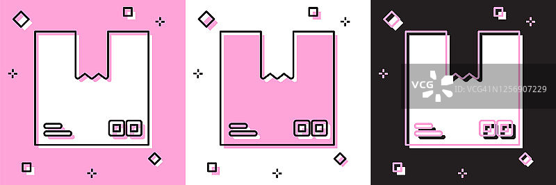 设置纸板箱与交通标志图标孤立在粉红色和白色，黑色背景。盒、包、包裹。交付、运输和运输。矢量图图片素材