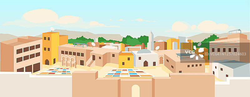 古阿拉伯城市平面彩色矢量插图图片素材