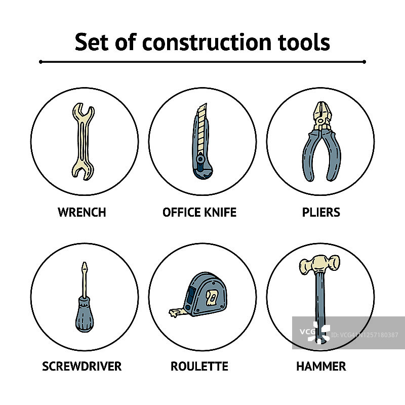 工人手工绘制蓝色和米色一套施工工具，包括螺丝刀，办公刀，扳手，锤子，卷尺和钳子图片素材