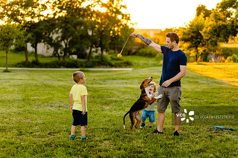 顽皮的父亲拿着玩具戏弄一只狗，而他的儿子正在一边看一边玩图片素材