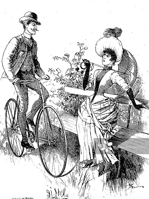 骑自行车的男人在长凳上和一个女人调情图片素材