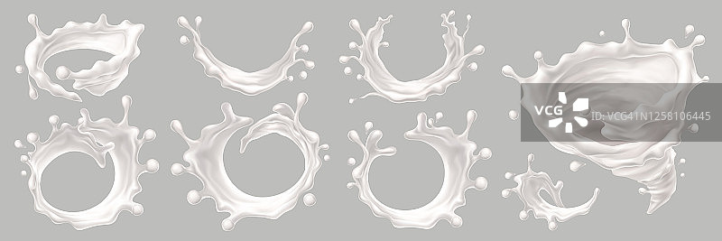 牛奶飞溅，矢量孤立的酸奶液体波，现实，设置在透明的背景。牛奶奶油滴，抽象的白色螺旋漩涡和波浪，圆形飞溅，牛奶饮料流滴图片素材