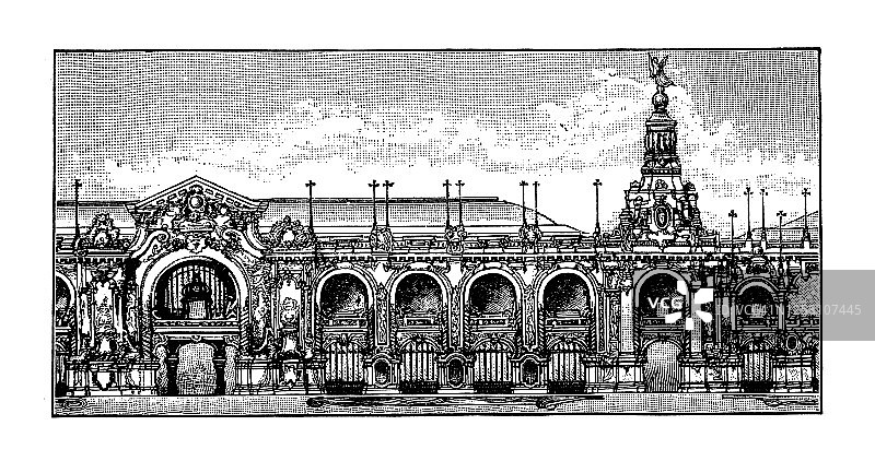 旧雕刻插图的巴黎荣军院建筑群，巴黎，法国-展览建筑图片素材