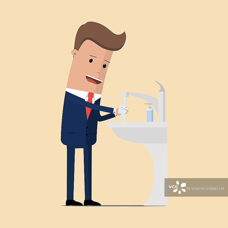 在水槽里洗手。一个穿西装的男人用肥皂、洗手液和水在水龙头下洗手。病毒预防。矢量图图片素材