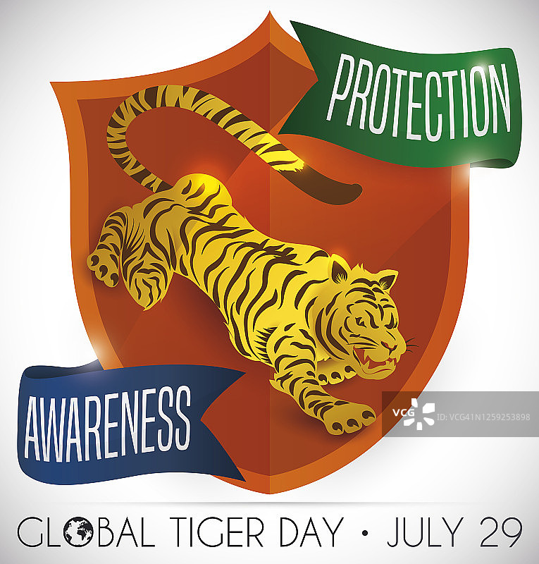 老虎出没的盾牌和丝带促进其全球日图片素材