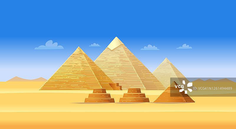 位于吉萨的埃及金字塔建筑群。非洲著名地标，开罗旅游中心。插图卡通风格。图片素材