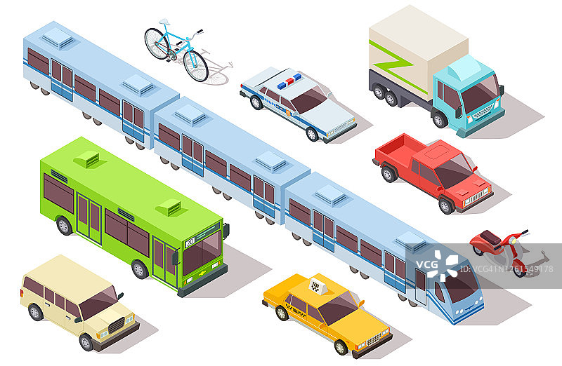 等距城市公共交通。地铁、公共汽车、救护车、出租车、警车、卡车、摩托车、自行车。三维车辆矢量集图片素材