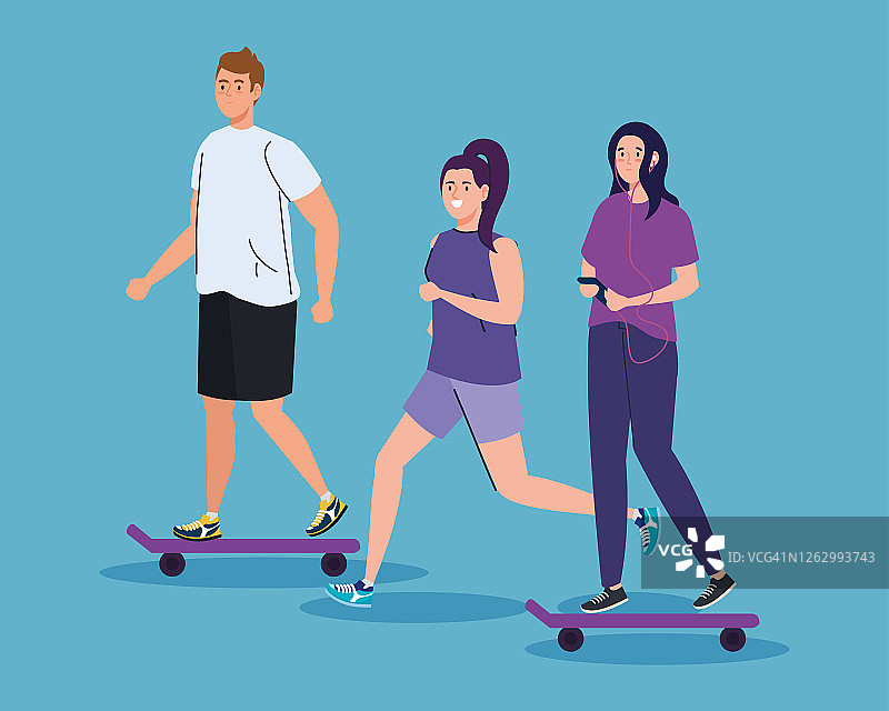 年轻人进行活动，夫妇在滑板和女人跑步图片素材