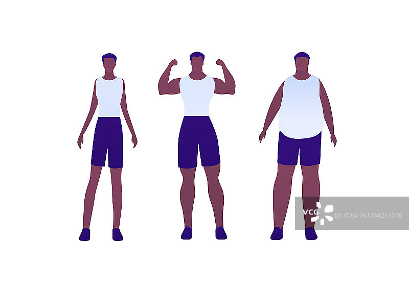 人体重概念，矢量平面人插图集。非裔美国男性在运动服装的集合。苗条，超重，肌肉发达。前视图。设计横幅，信息图表图片素材