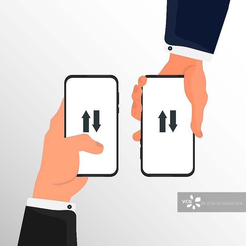 两个商人使用电话交换信息在灰色背景，插图图片素材
