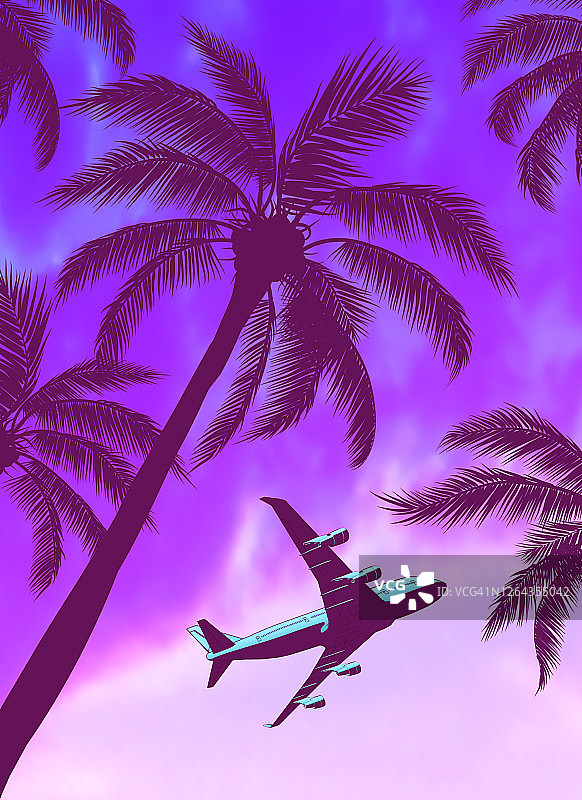 客机在棕榈树与美丽的蓝绿黄日落图片素材