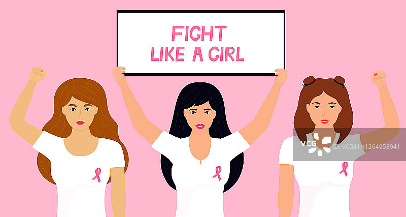 全国乳腺癌宣传月。女人举起拳头。像个女孩一样打横幅图片素材