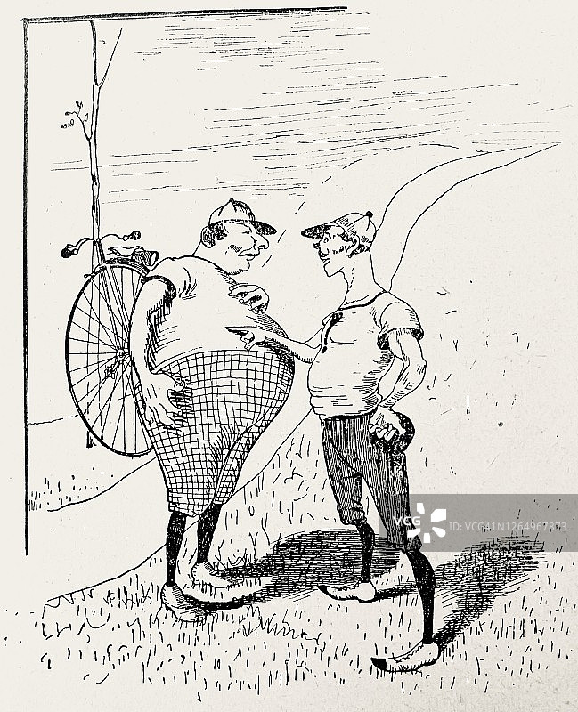 又瘦又胖的男人在室外谈论古董自行车图片素材