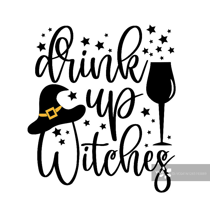 喝完女巫-有趣的万圣节文字扫帚和女巫帽和星星。图片素材