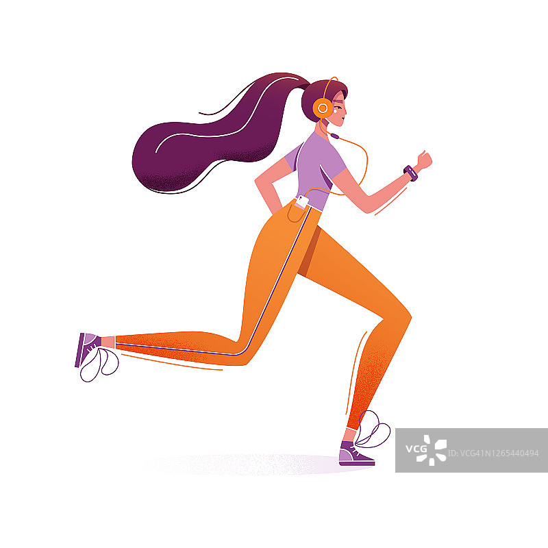 女人的角色是慢跑，戴着耳机听音乐。她在跑步，做健身运动。积极健康的生活方式矢量插图，现代平面风格设计孤立图片素材