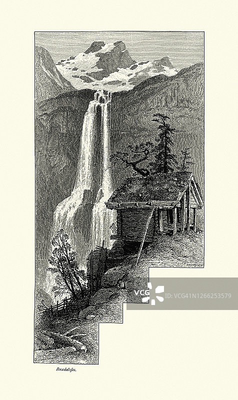 风景如画的山景Buxdalfos，瀑布，小木屋，挪威，19世纪图片素材