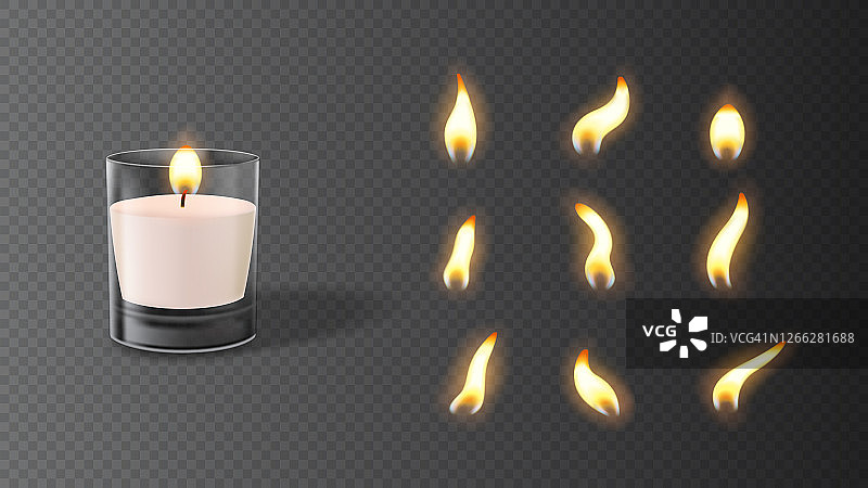 真实的蜡烛在玻璃与火焰设置图片素材