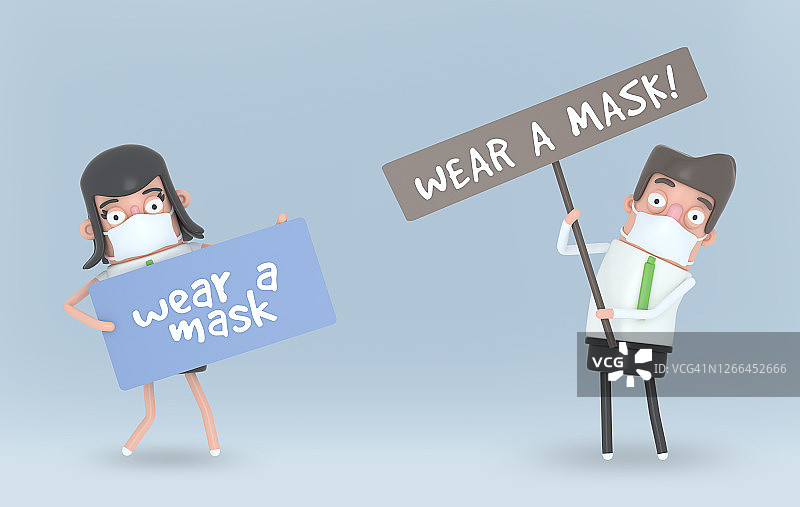 一对戴面具的夫妇举着一个标志。3d插图。图片素材